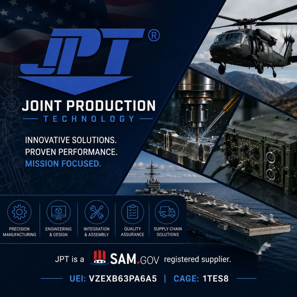 JPT SAM.gov registered supplier precision manufacturing defense aerospace — Joint Production Technology UEI VZEXB63PA6A5 CAGE 1TES8