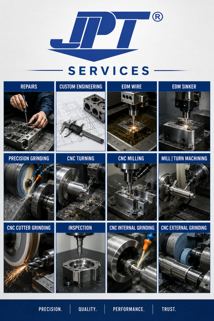 JPT precision machining services — custom engineering, CNC machining, repairs, grinding, and EDM in Macomb Michigan
