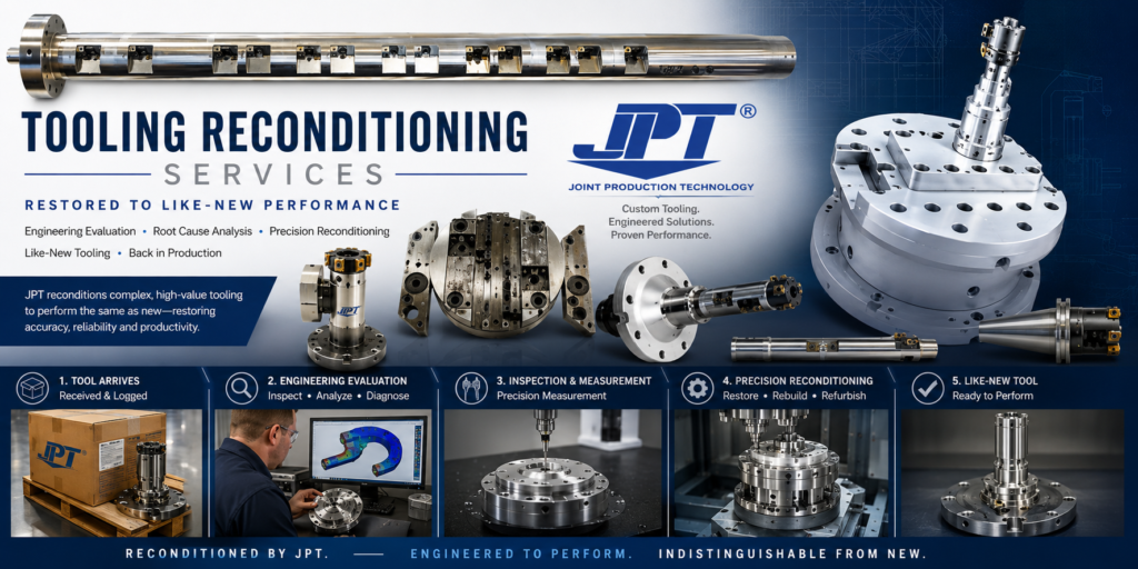 Indexable tool repair Michigan services by JPT including engineering evaluation, precision measurement, tool rebuilding, and restored production tooling.