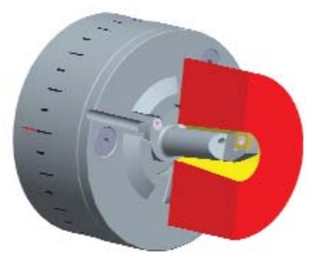 Diagram showing taper boring motion tool machining a tapered hole from the opposite side of the part